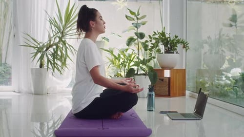 Woman Meditating Calmly on Yoga Mat at Home