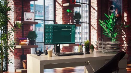 AI LLM Chatbot Software Interface on PC in Home Office Showing Virtual Assistant