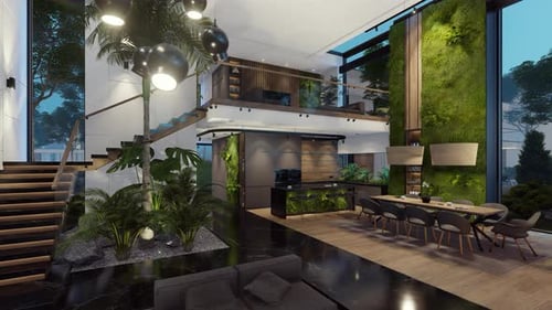 4K video of expensive cozy interior with green walls in night