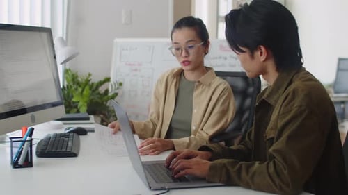 Female Coder Sharing Ideas about Project with Her Male Colleague in Office