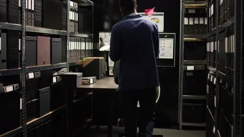 Man Enters Dark Office and Opens Briefcase