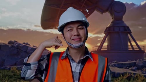 Close Up Of Male Engineer Smiling To Camera And Making Call Me Gesture With Satellite Dish