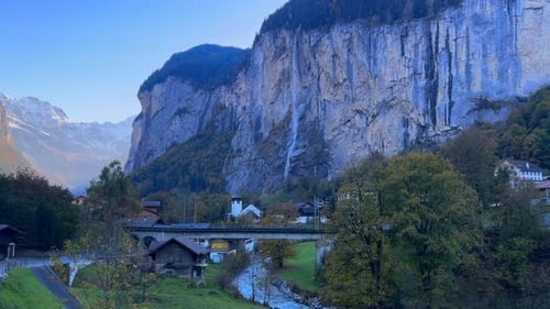 Lauterbrunnen Valley Staubbach Falls waterfall Church post card View Bernese Highlands Switzerland