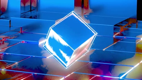 Glowing blue cube floats in neon grid