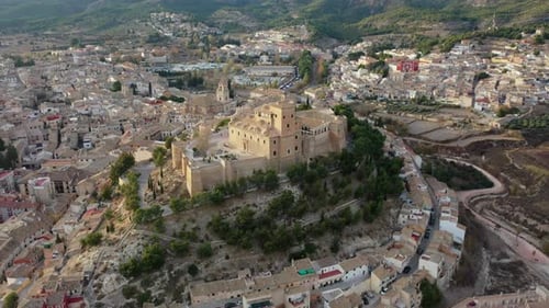 Aerial view of Caravaca De La Cruz cityscape and castle