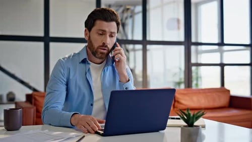 Confident Boss Calling Mobile Phone Modern Office Closeup Focused Man Talking
