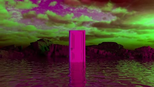 Mysterious pink door opening in a surreal water landscape