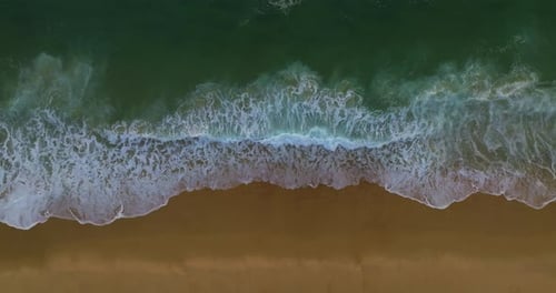 Aerial View on Turquiose Sea Waves Breaking on Sandy Coastline Top Down View on Blue Turquoise Ocean