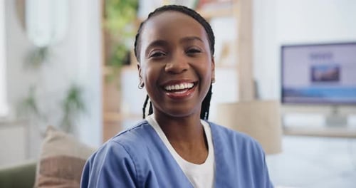 Black woman, face and nurse on sofa, happy and career pride for volunteer care or medical support