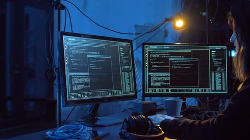 Woman Coding at Computer in Dark Room