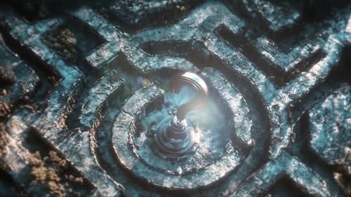 3D Animated Question Mark Rises from Ancient Labyrinth Maze