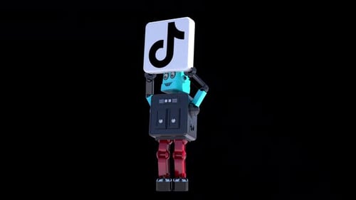 Divertido robot de dibujos animados de pie con el Logo de TikTok