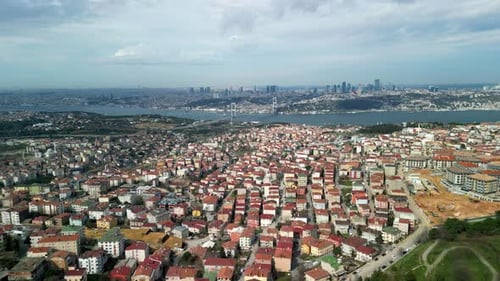 Istanbul Asian side city panorama with 15th of July Martyrs Bridge, circle shot