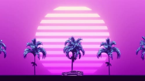 Loop Car and Background Neon Retro Wave 80s Style