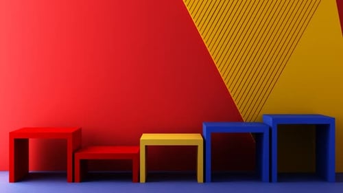 Colorful Tables Against a Bold Red Wall