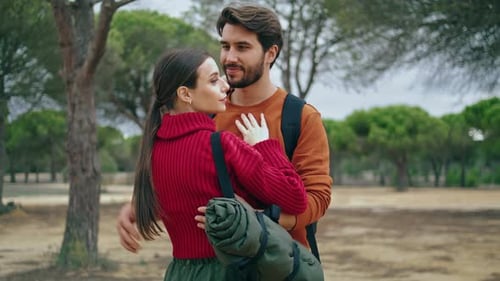 Happy Lovers Standing Forest with Backpacks Close Up