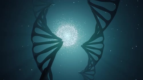 Animation 3D d'une molécule d'ADN en rotation sur fond bleu. Concept de génétique