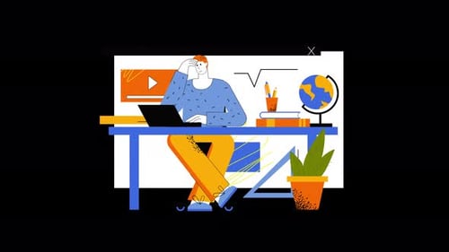 Creative Workspace Illustration of a Man Thinking at a Desk with Laptop and Globe