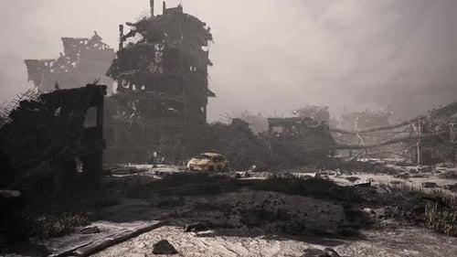 Abandoned City with Crumbling Buildings and a Solitary Yellow Car