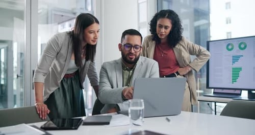 Teamwork, laptop and colleagues in office for data in business, meeting