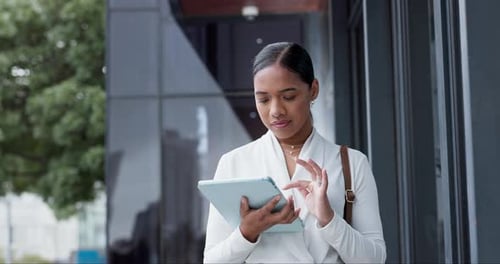 Travel, tablet and business woman in city online on morning commute, journey and walking to work