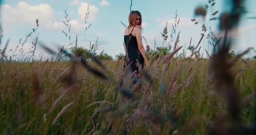 Сhasing romantic woman, blonde model in black long dress walking on a meadow