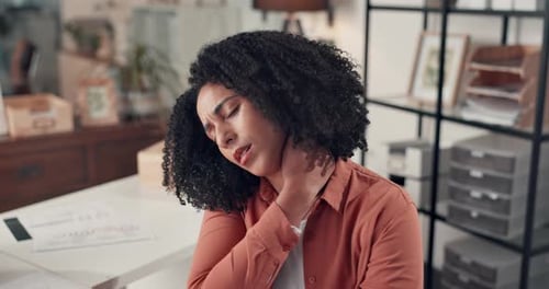 Woman, discomfort and massage neck pain in office from bad posture, muscle strain and burnout