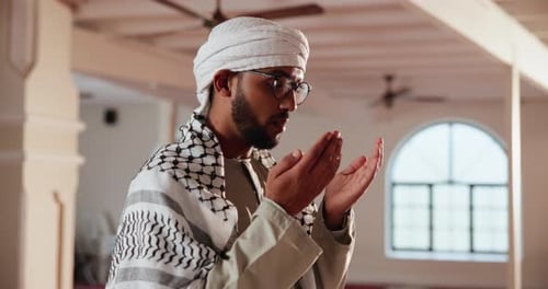 Islam, man or prayer in mosque for faith, intention or mindfulness in religion