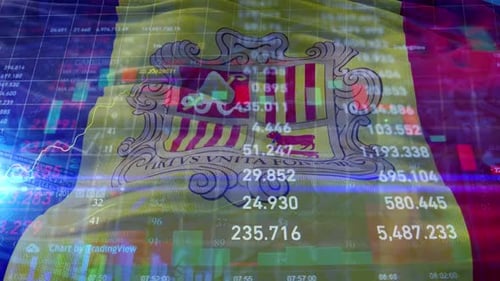 Andorra Flag Waving with Futuristic Digital Financial Data Overlay