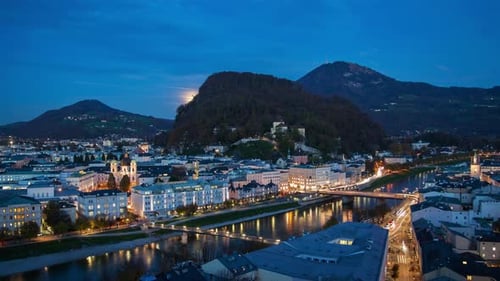 Autumn Moonrise Over Salzburg Skyline, Austria - Timelapse