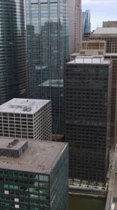 Huge massive building standing close to each other. Densely built area of modern Chicago, Illinois.