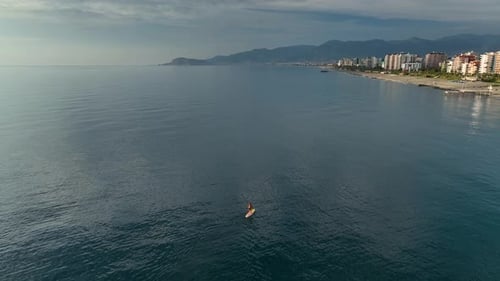 Sea Man Sup Top Down View on Athlete Man Swimming in Sea and Paddleboarding at Summer Sunset