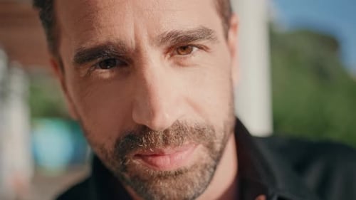 Attractive Italian Guy Posing Sun Beams Square Closeup Hot Macho Looking Camera