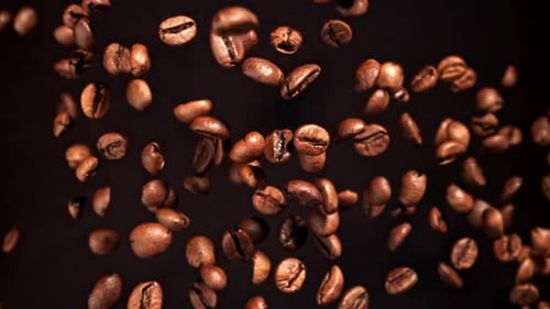 Coffee Beans Falling in Slow Motion on Dark Background