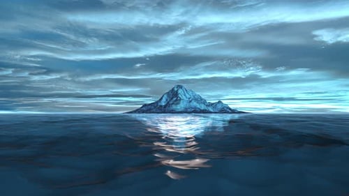 3D Rendering of a Blue Sea and a Glowing Blue Hill with Reflection on the Water