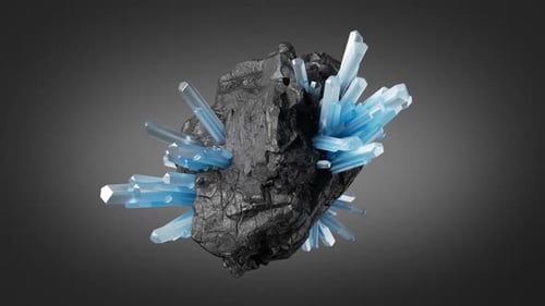 Dramatic blue crystals growing out of dark rock formation