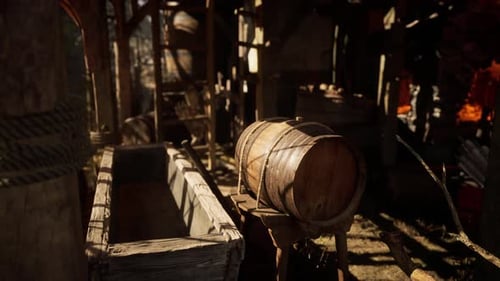 Wooden Barrel and Trough in Rustic Workshop During Sunny Afternoon Light
