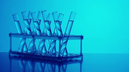 Close Up Video Neon Blue Light Test Tubes Filled with Fluid in a Laboratory Scientific Experiment