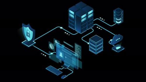 Animated Isometric Data Network and Cybersecurity Infographic