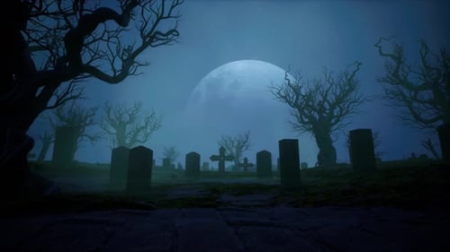 Spooky Cemetery with Tombstones and Bare Trees under Full Moon