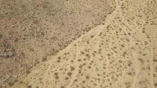 Aerial birds eye shot of abandoned desert with dried plants during hot summer day in Joshua Tree Nat