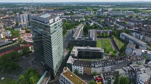 Aerial view of The Stadttor (or City Gate) building , Düsseldorf , Germany .