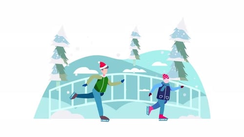 Animated Flat Design Illustration: People Ice Skating in Winter Landscape