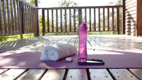 Yoga Mat Setup on Cabin Porch Outdoors