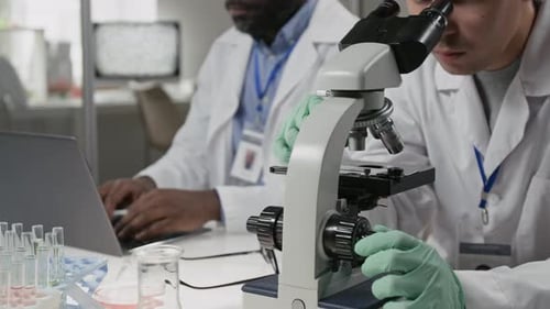 Scientists Conducting Research with Microscope and Laptop