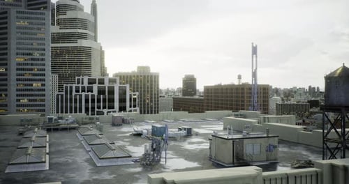 City Skyline View From a Rooftop During Twilight Hour with Urban Structures