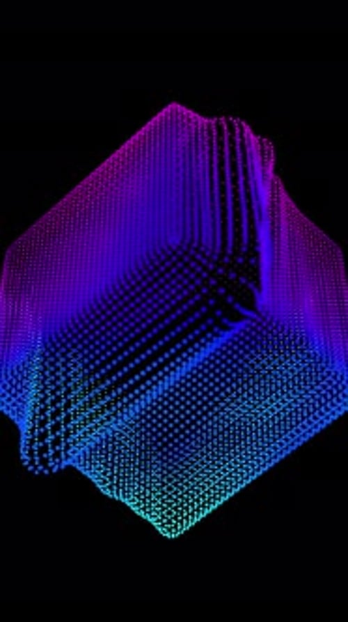 Ondas de distorsión en bucle en un cubo abstracto de partículas, datos digitales, salpicadura de caja, matriz de puntos