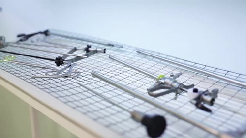 Metallic Surgical Instruments on Display in Hospital