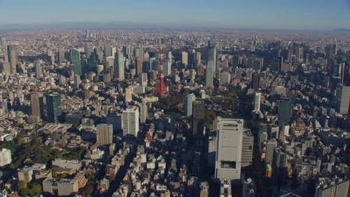 Tokyo, Japan Circa-2018. Flying Over City of Tokyo and Tower. From