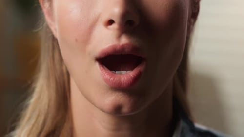 Cropped Macro View Close Up Unrecognizable Caucasian Woman Saying Wow Excited Amazing News Reaction